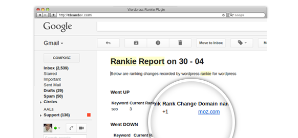 An opened email from Rankie reporting a change in the ranking position of "seo"