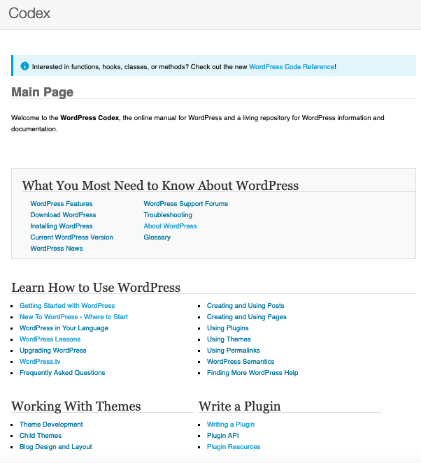 Homepage of WordPress Codex includes a section of resources labelled "Learn How to Use WordPress" 