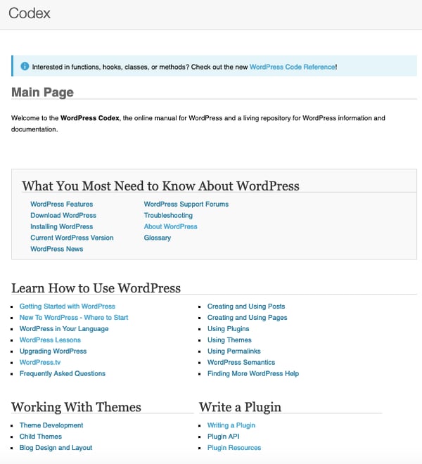 Homepage of WordPress Codex includes a section of resources labelled "Learn How to Use WordPress" 