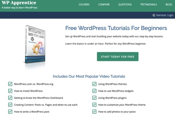 Homepage of WP Apprentice showcases free WordPress tutorials for beginners