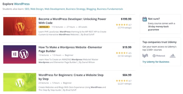 Udemy WordPress courses sorted by users' star ratings