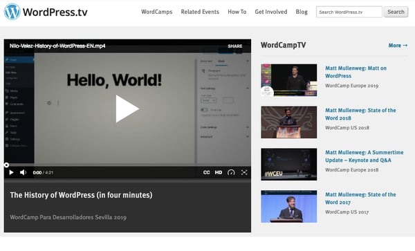 Homepage of WordPress.tv includes footage from WordCamp