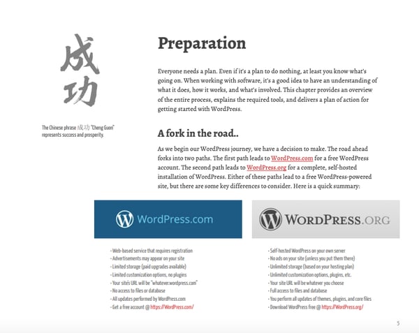 a diagram comparing WordPress.com and WordPress.org from the first chapter of the Tao of WordPress