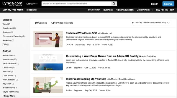 Lynda.com feed displaying 50 courses and 1,514 video tutorials about WordPress