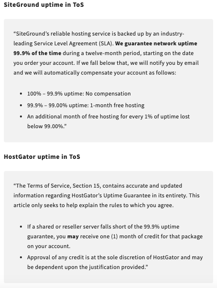 A look at the different wording of SiteGround's and HostGator's Terms of Service about uptime guarantee