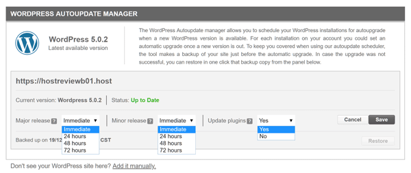 SiteGround's WordPress Autoupdate Manager being set to immediately schedule automatic updates of software and plugins