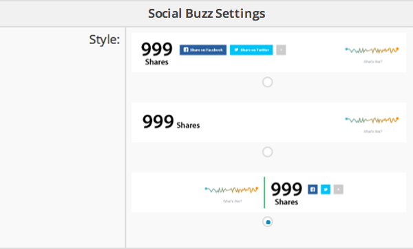 In the Social Buzz WordPress plugin settings, select from three different styles for displaying your social sharing buttons and data