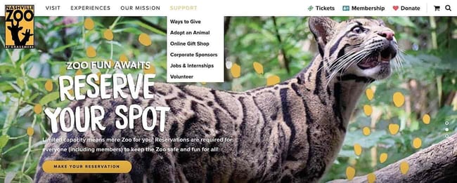 Nashville zoo website displaying sub-navigation menu under primary nav link for Support