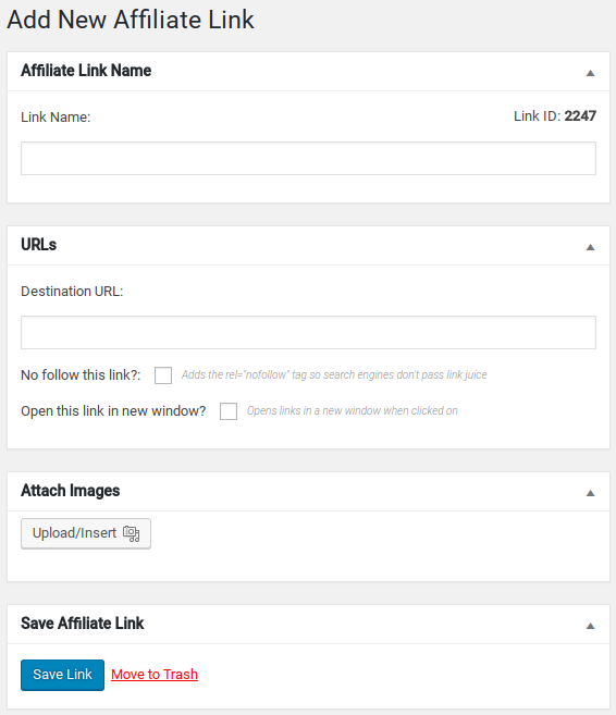 ThirstyAffiliates setting page for adding a link