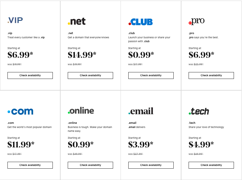 GoDaddy's pricing for domain extensions start at $0.99 per year