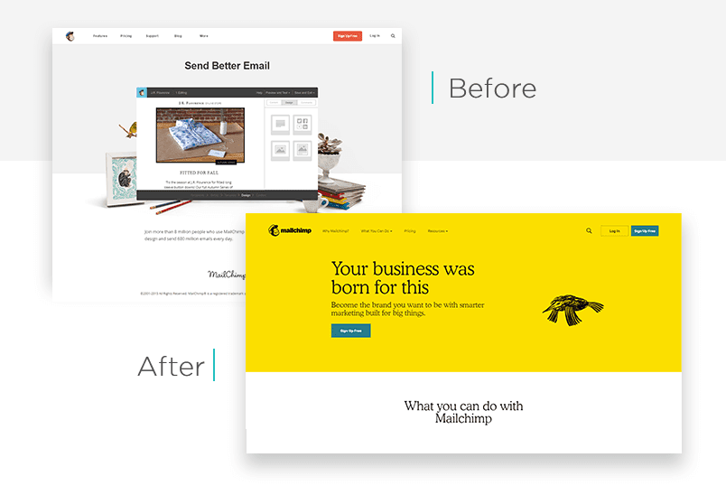 Mailchimp before-and-after website redesign