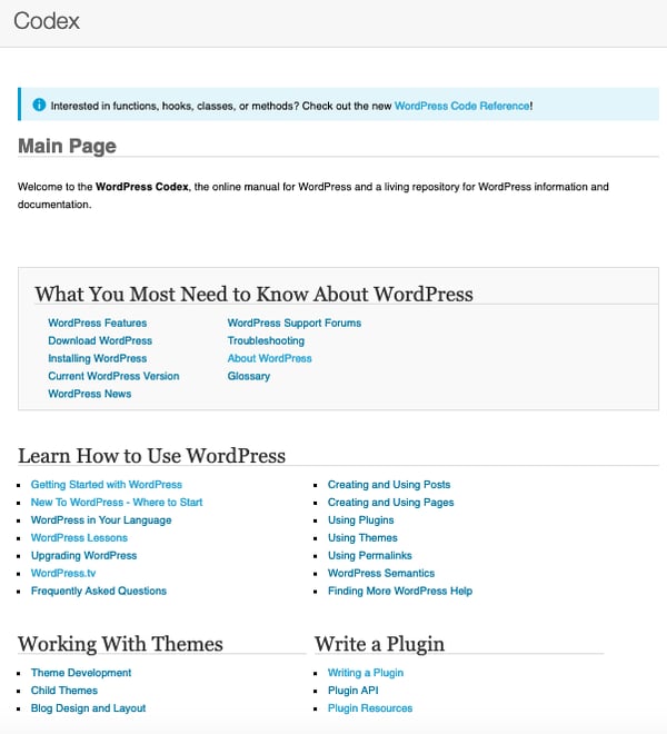 Homepage of WordPress Codex includes a section of resources labelled 