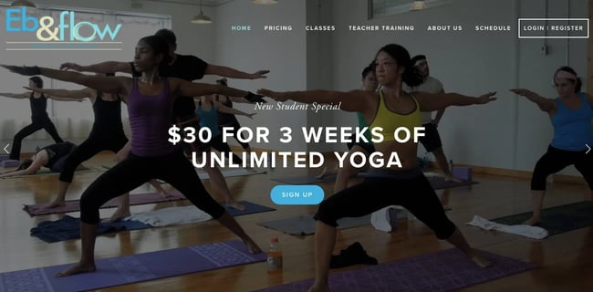 Eb & flow Yoga Studio follows the website design best practice of using whitespace to lead users to click on a CTA