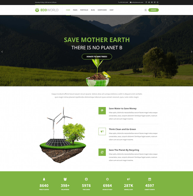 best eco-friendly WordPress themes: Eco World demo with headline to save mother earth