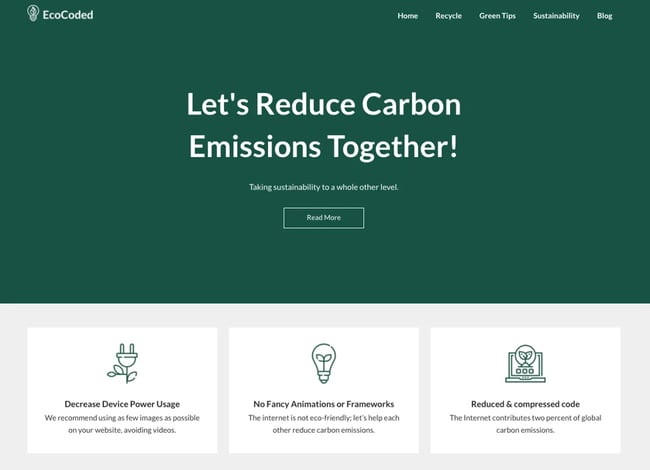 best eco-friendly wordpress themes: EcoCoded demo with headline to reduce carbon emissions together