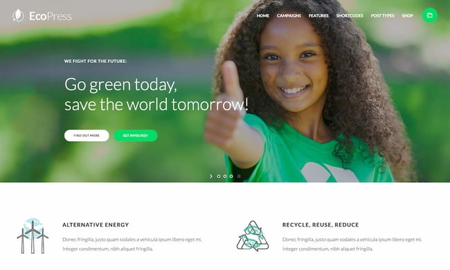 best eco friendly WordPress themes: EcoPress demo with hero image banner of girl giving thumbs up