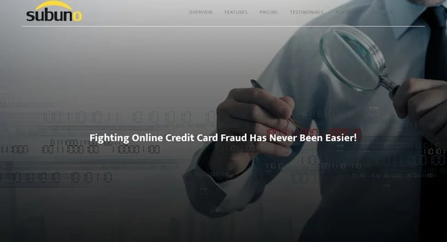 homepage for the ecommere fraud protection software subuno