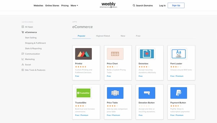 Ecommerce addons in Weebly App Center 