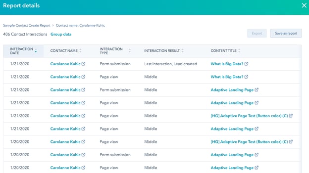 Screenshot of Contact view showing a detailed table of interactions (when, type, name, first/middle/last)