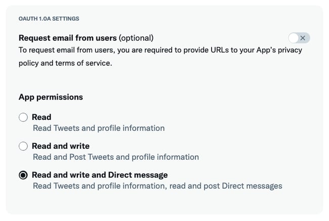 Editing app permissions for Twitter Bot in apps dashboard