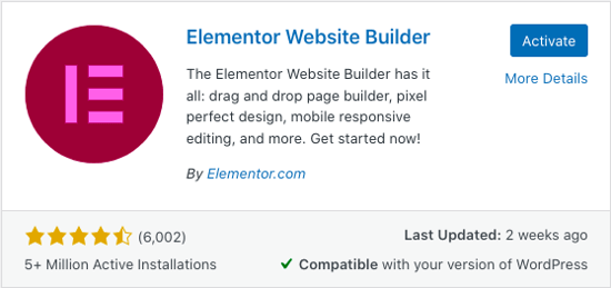 elementor wordpress:  How to use Elementor with WordPress — Elementor plugin card inside WordPress plugin library with a button saying Activate