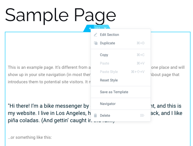 Elementor section editor menu with several options, including Duplicate, Save as Template, and Delete