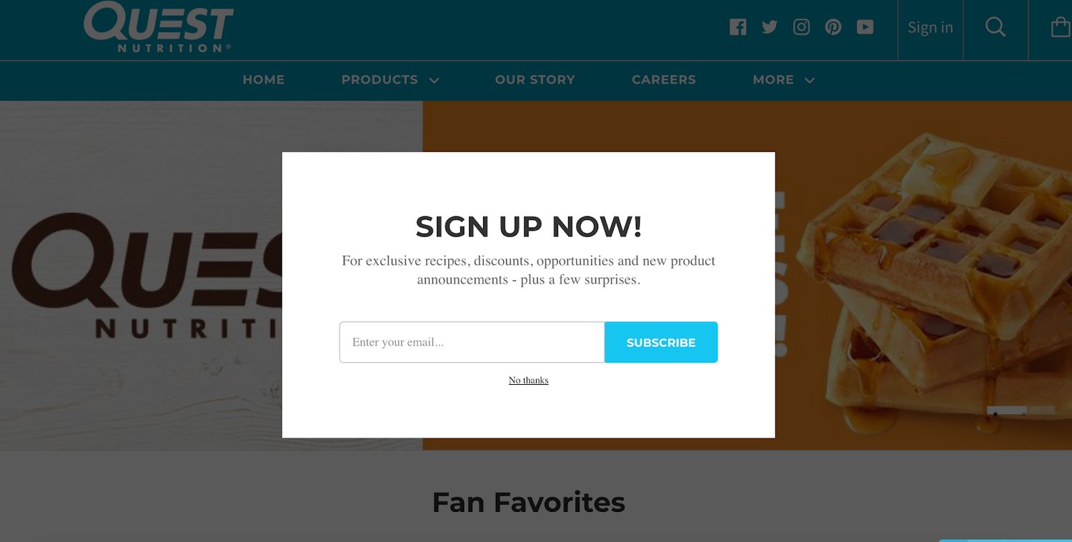 quest nutrition pop-up window that says 'sign up now!' along with a subscription form