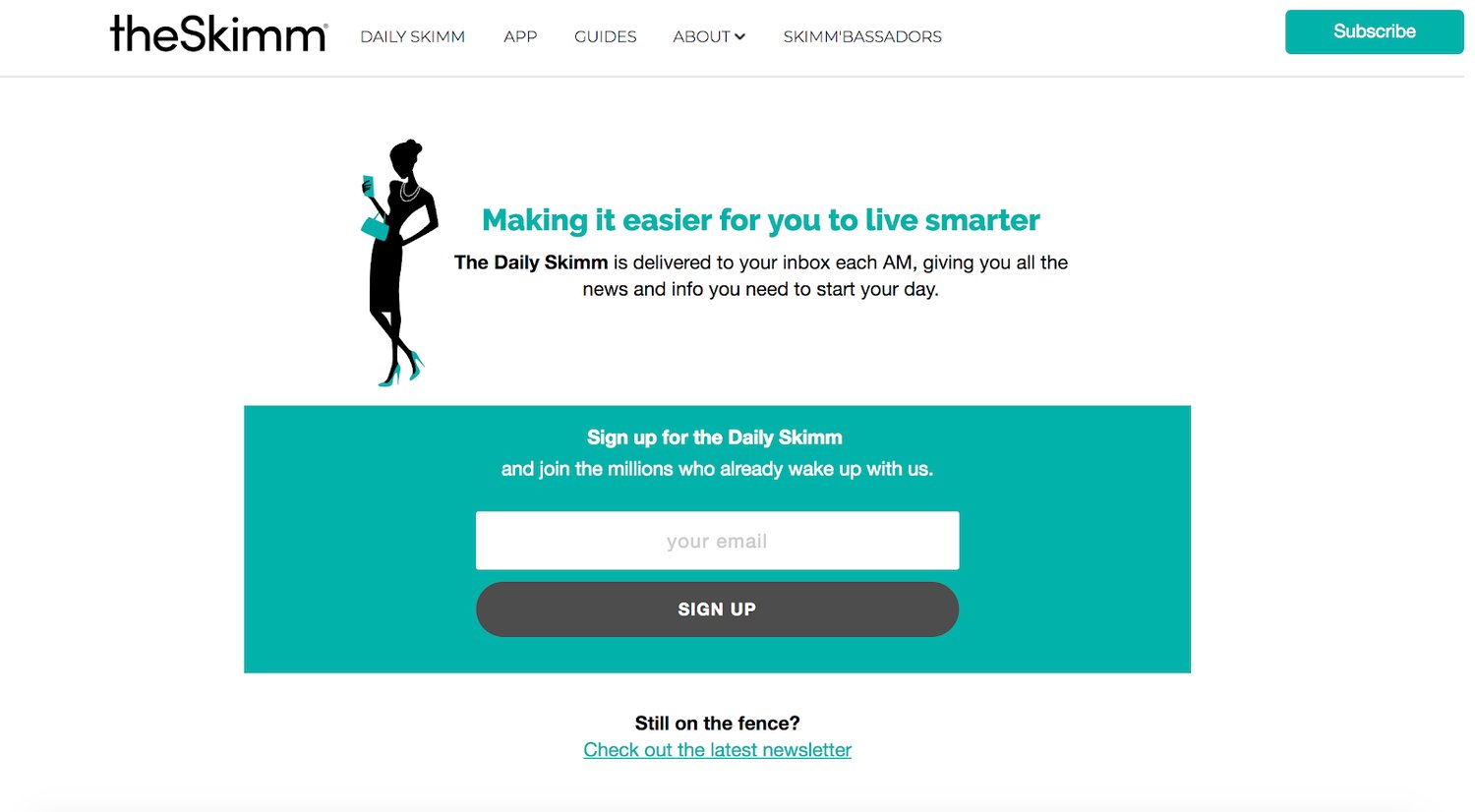 theSkimm's page with subscription form at the top of the page
