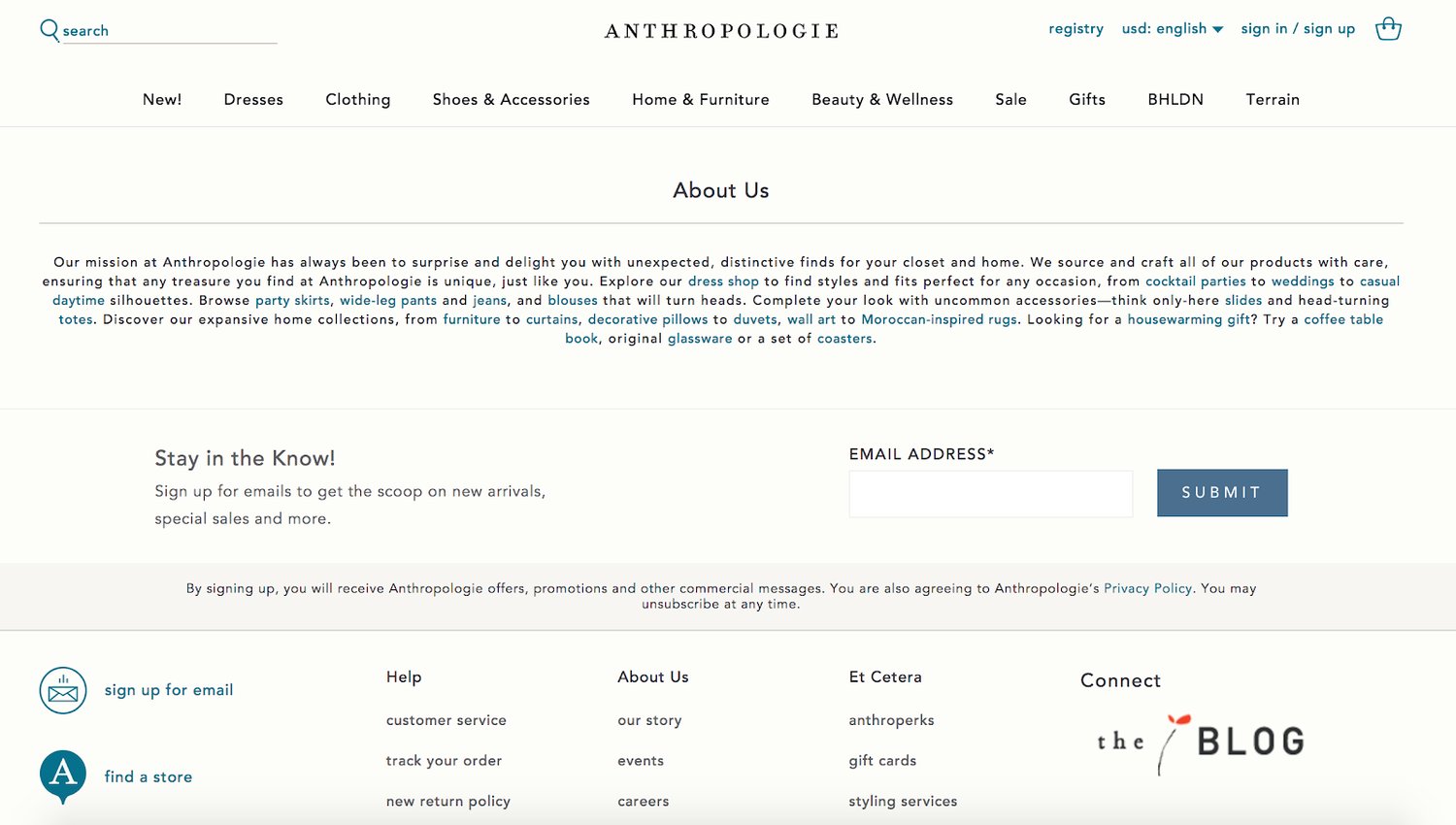 anthropologie homepage with signup form at the bottom of the page above the footer