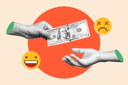 emotions to sell: image shows people holding a dollar sign with sad and happy smiley faces nearby 