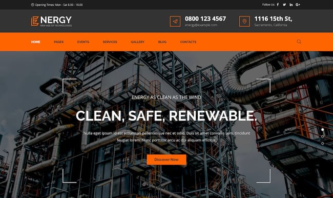 best eco friendly wordpress theme: Energy homepage demo features orange accents and single CTA button