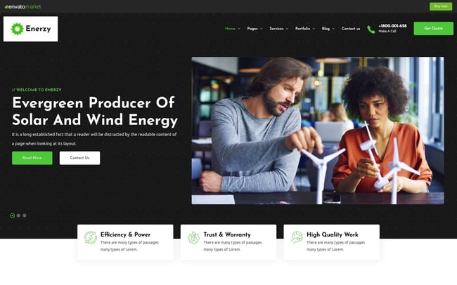 best eco-friendly WordPress theme: Enerzy homepage demo includes two CTA buttons and an image