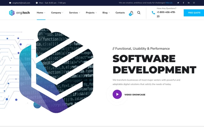 best wordpress themes for it services: Engitech includes video showcase for software development services