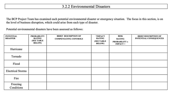 business continuity plan example: environmental