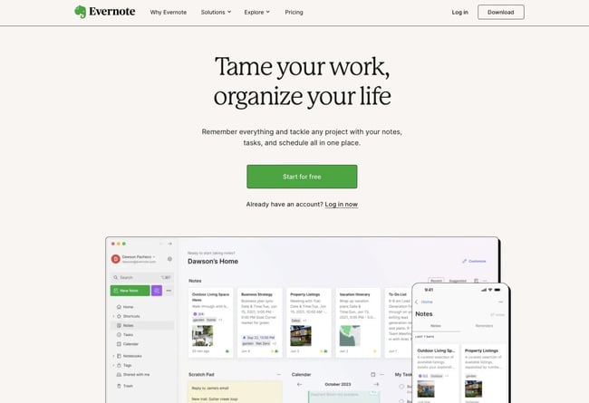 Homepage of Evernote.