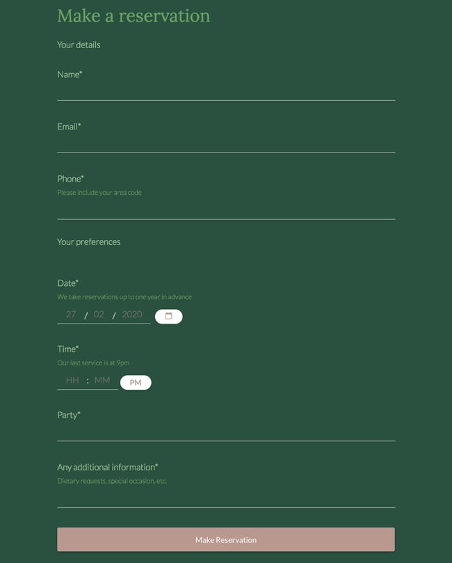 booking form template