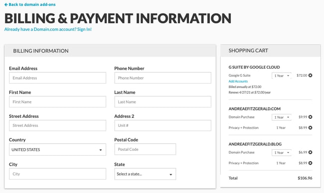 Billing and payment information