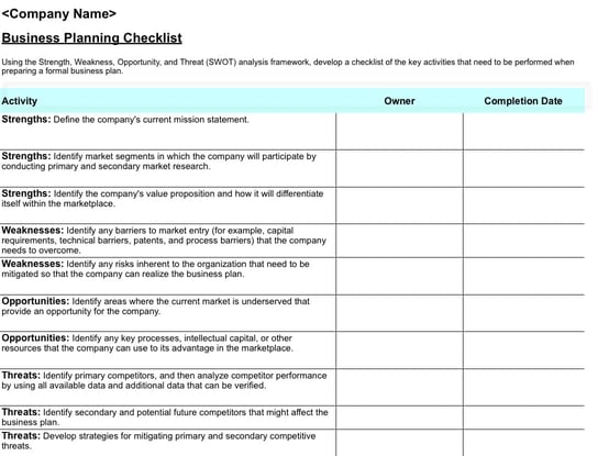 kontrolní seznam pro obchodní plánování, který můžete vytvořit v aplikaci Excel