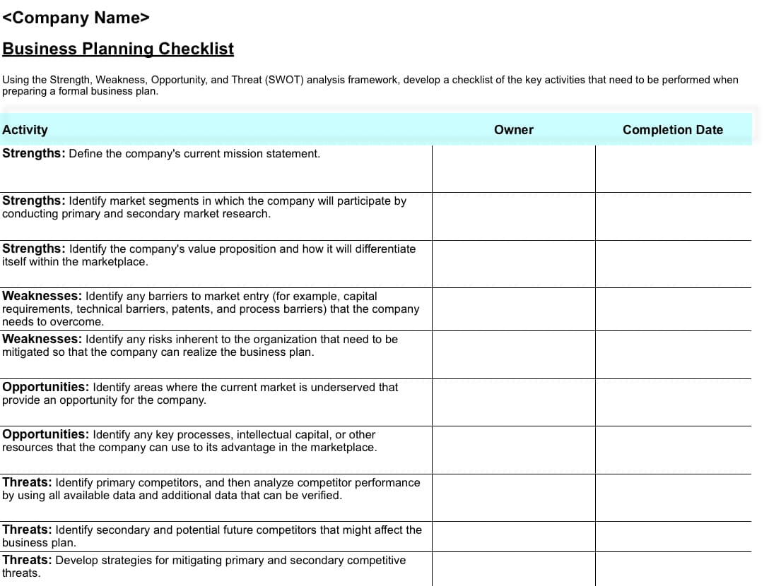 A business planning checklist you can create in Excel