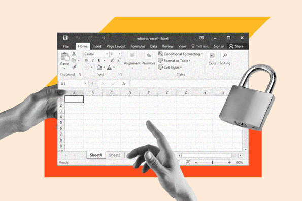 lock cells excel: image shows an excel spreadsheet and a lock nearby 