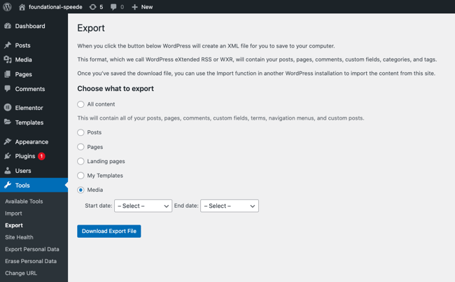 Export the media using the native export tool in the WordPress dashboard-1