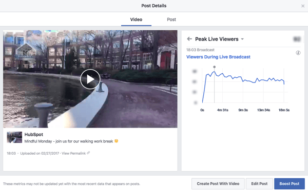 Line graph of Viewers During Live Broadcast next to Facebook Live video