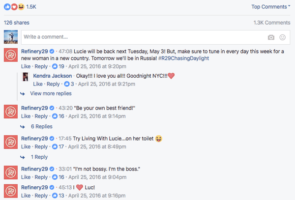 Comments thread under Facebook Live video by Refinery29