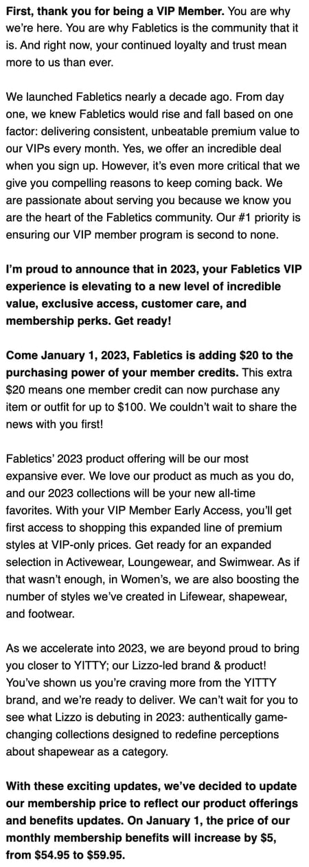 price increase letter example: Fabletics