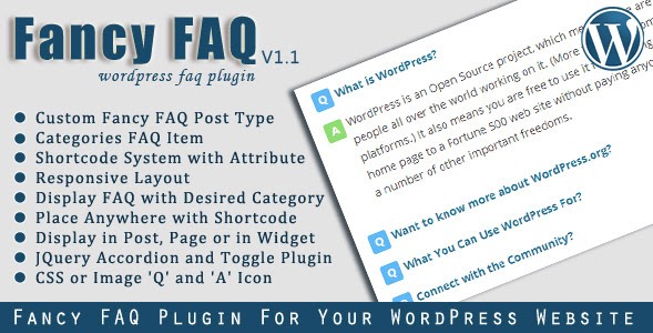 Fancy FAQ plugin download featuring various bullet points of benefits of the plugin