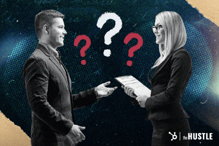 Questions To Ask a Mentor: a man and a woman face each other with questions marks in the middle.