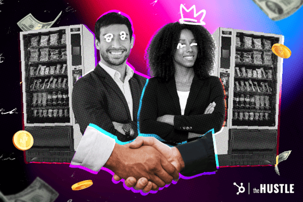 How to start a vending machine business: A man and a woman stand in front of two vending machines.