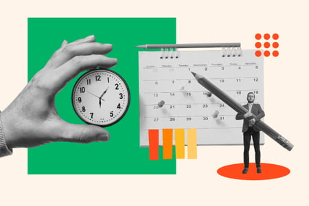 A colorful depiction of how to set an appointment featuring a calendar, a clock, and a person holding a large pen