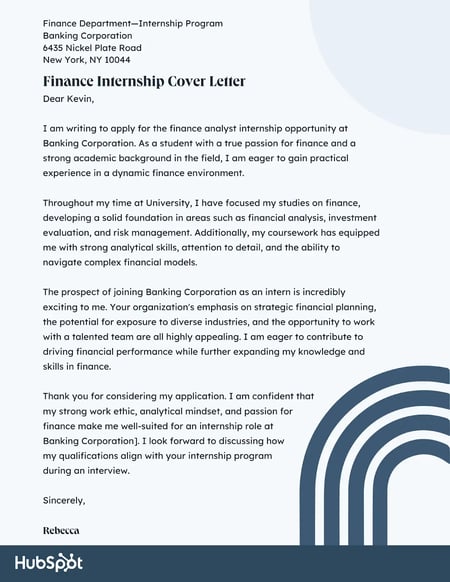 Rebecca’s technical skills are highlighted in this internship cover letter.