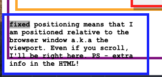Example rendering of a fixed css position. Example text is shown within a box outlined in dark blue.